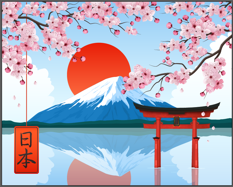 卡通漫画富士山和樱花矢量素材